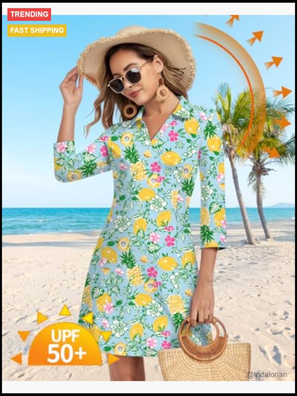 3/4 Sleeve V Neck Dress with Pockets UPF 50+ Quick Dry Sun Dress - Picture 3 of 7